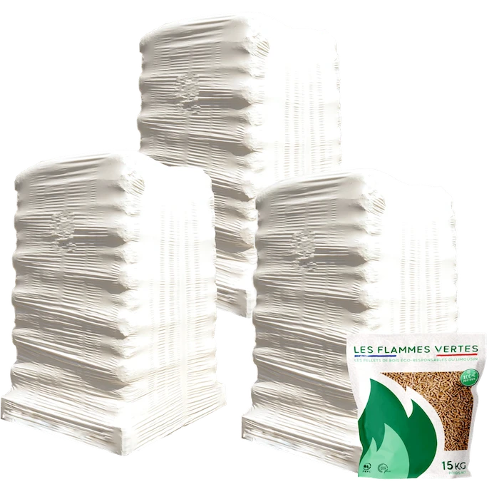 Holzpellets Flammes Vertes - 3 Paletten - 195 Säcke 2925 kg