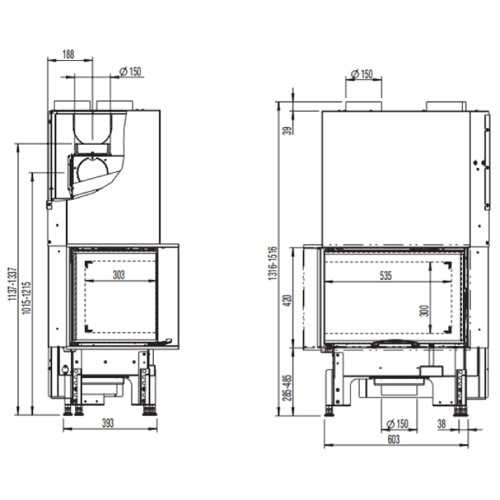Holzeinsatz Austroflamm Kamin Eck 63x40x42S 2,0 | 8 kW Schiebetür