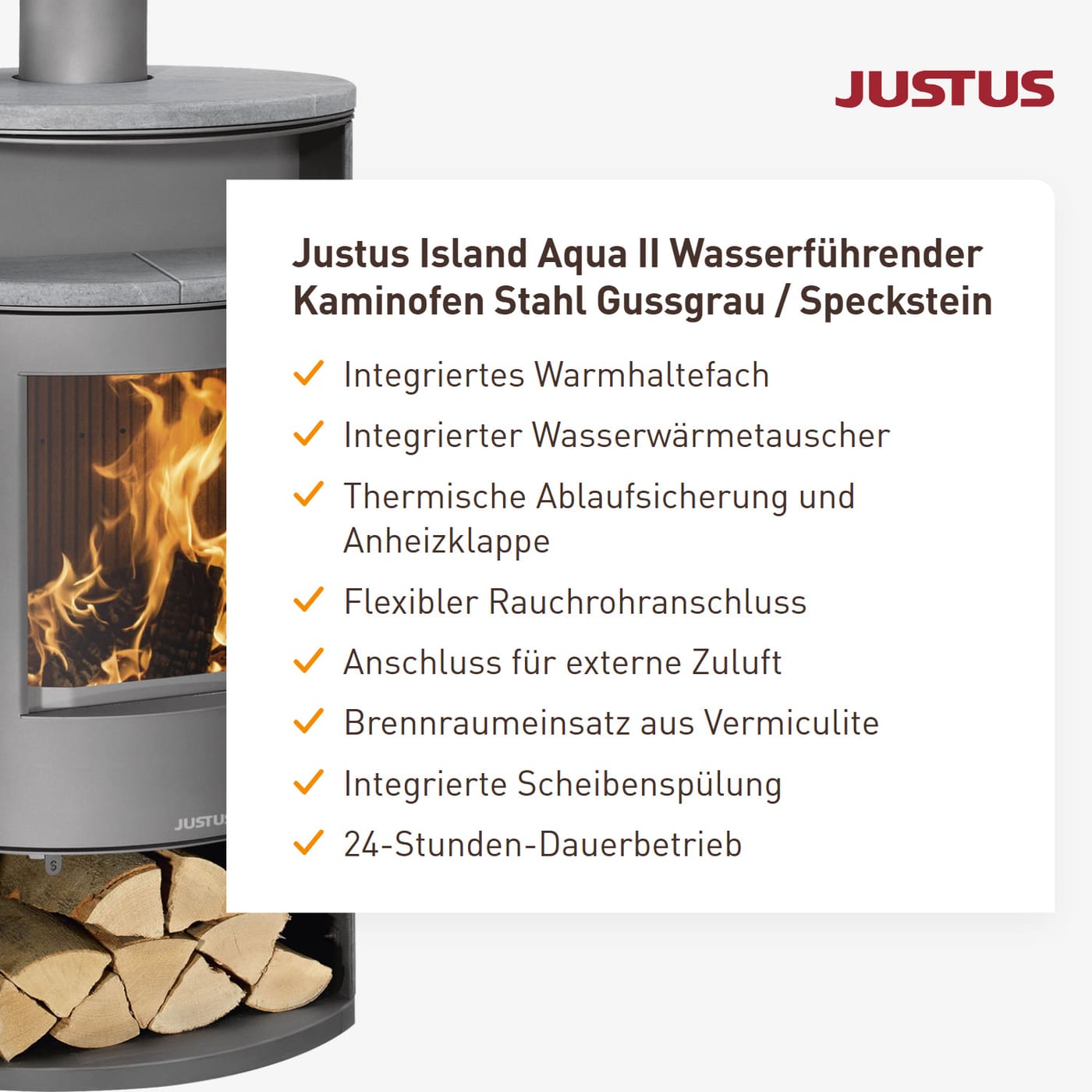 Justus Island Aqua II wasserführender Kaminofen Stahl Gussgrau Speckstein