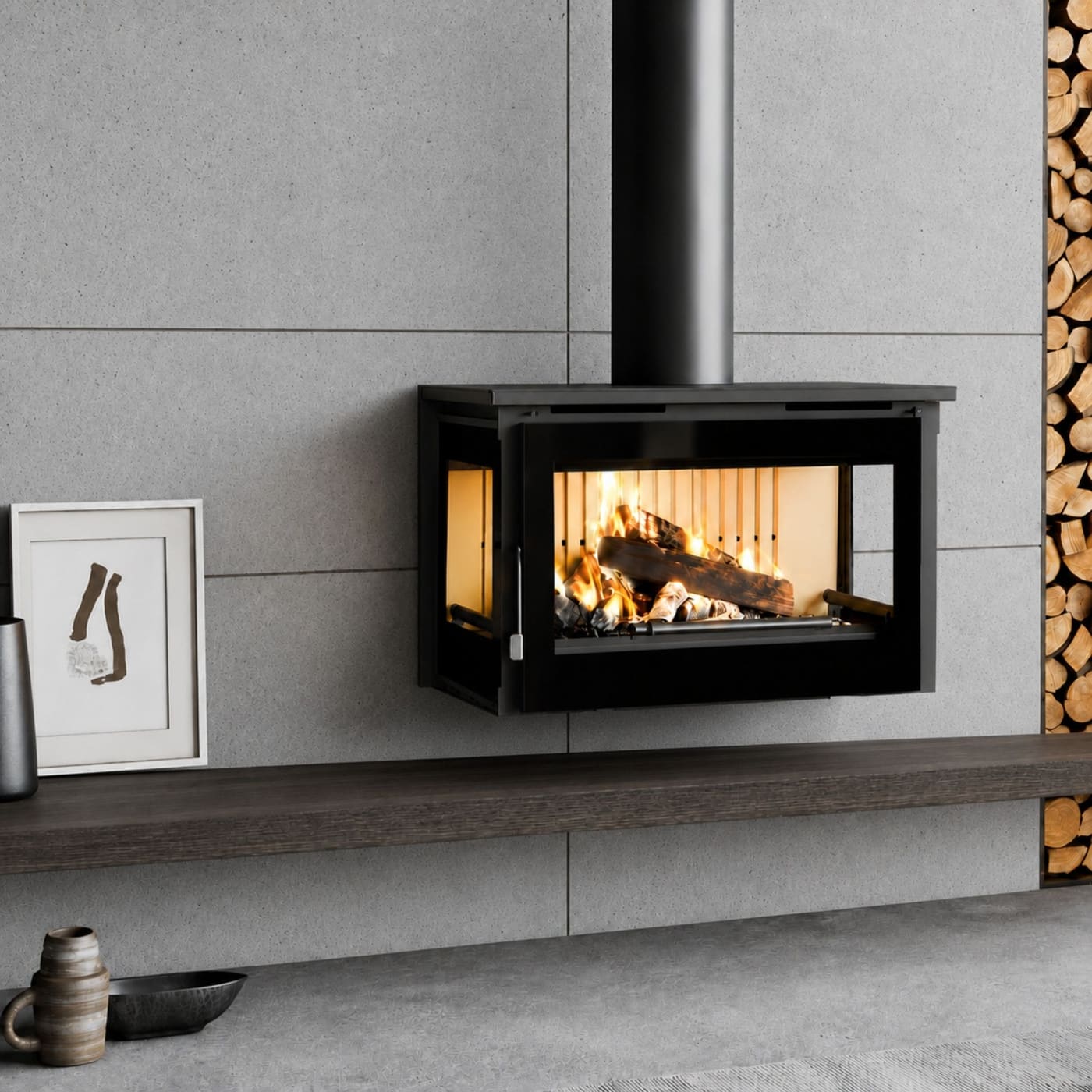 Holzofen mit 3 verglasten Seiten, belüftet, anschließbar, hängend - FIREMATIC Calgary - S 12,5 kW