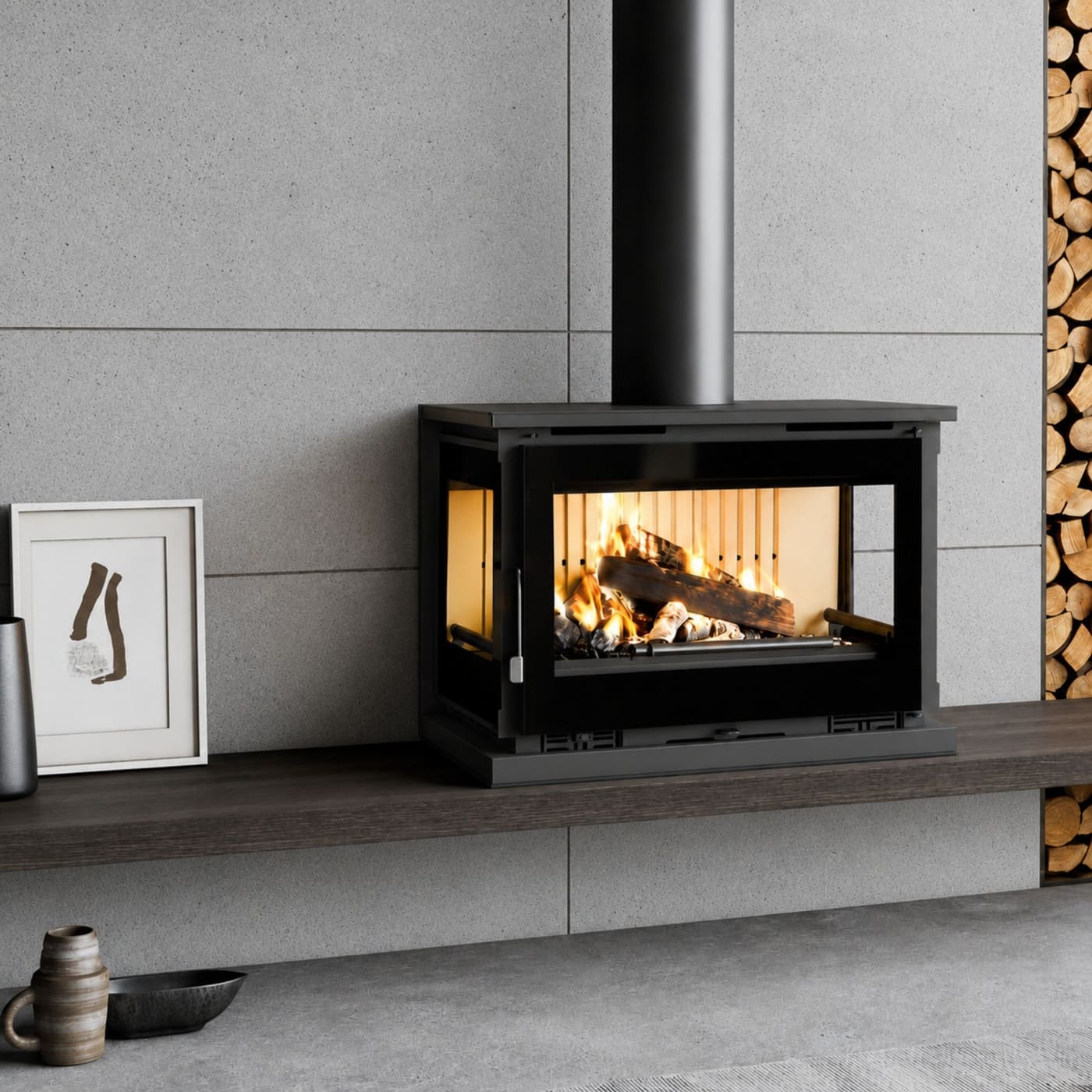 Belüfteter Holzofen anschließbar, 3 Scheiben freistehend - FIREMATIC CALGARY - M 12,8 kW