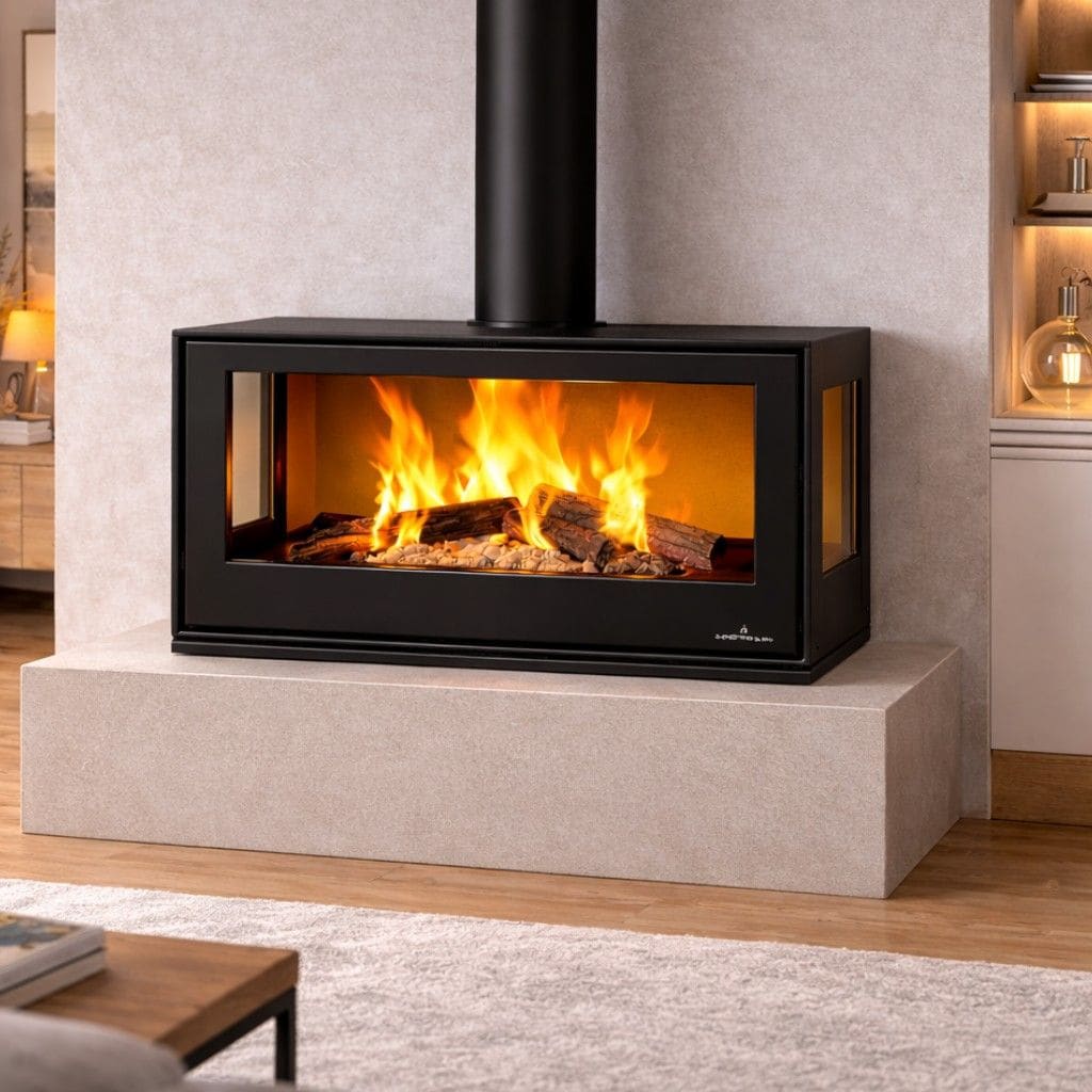 Holzofen 3 verglaste Türen, belüftet, mit Holzofenfach - BRONPI Bimba 90 3C 13 kW