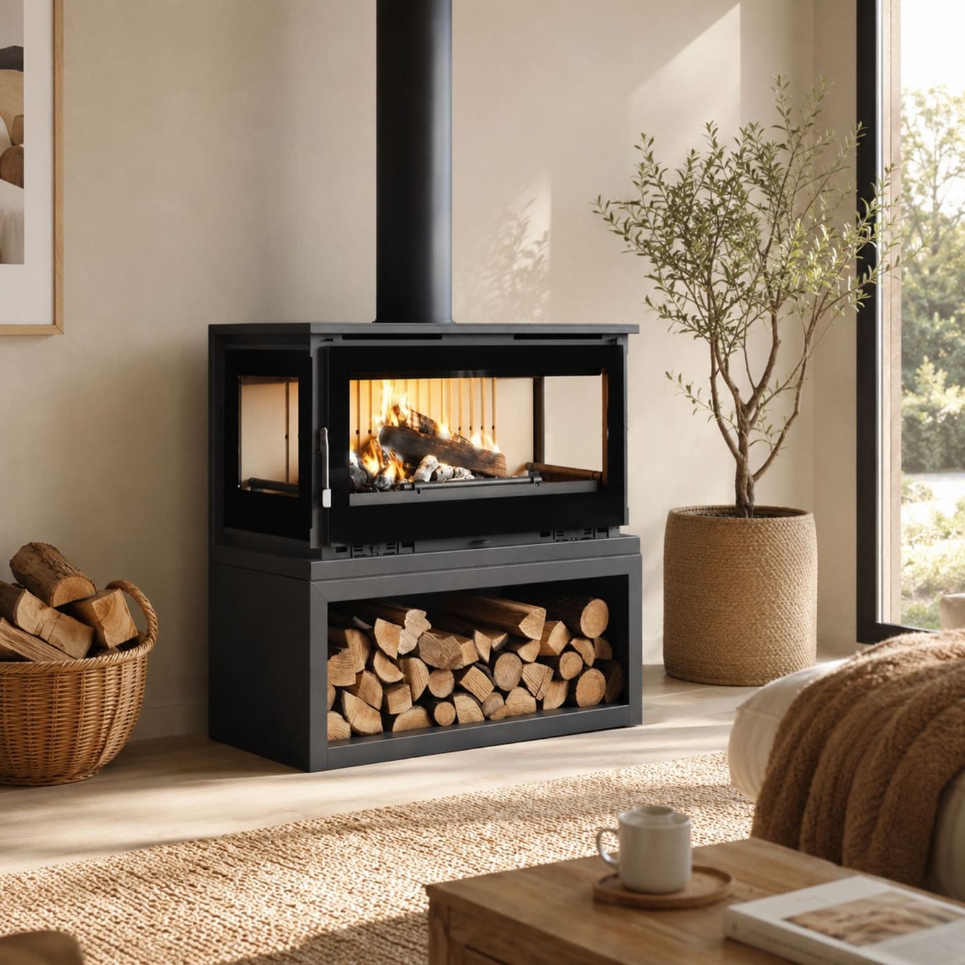 Holzofen anschließbar 3 Scheiben mit Holz - FIREMATIC Calgary - L 13,5 kW