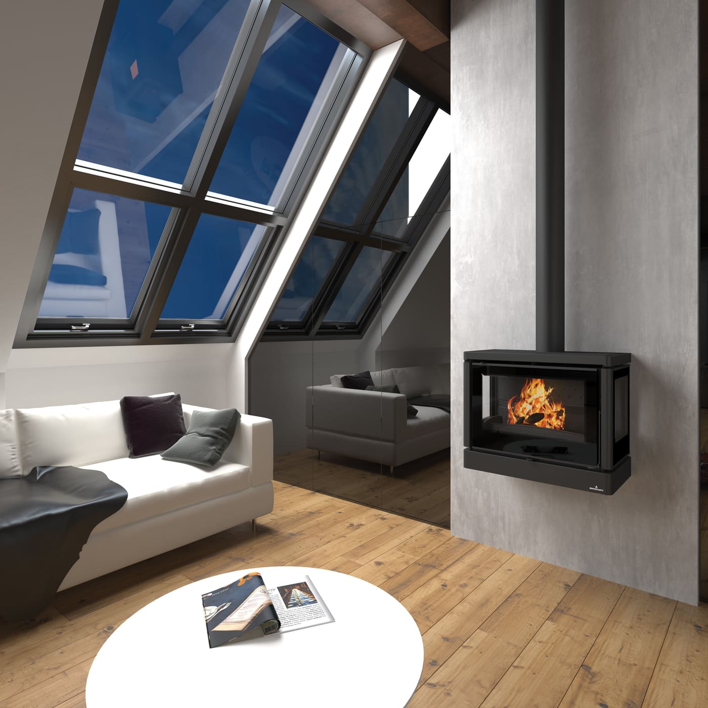 Aufhängbarer Holzofen anschließbar belüftet 3 Scheiben - BRONPI Versailles - C 10 kW